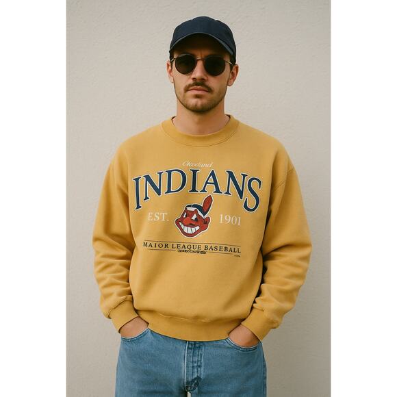 Vintage 90s Cleveland Indians SpellOut MLB Cotton Crewneck Sweatshirt Size Large - Picture 1 of 10